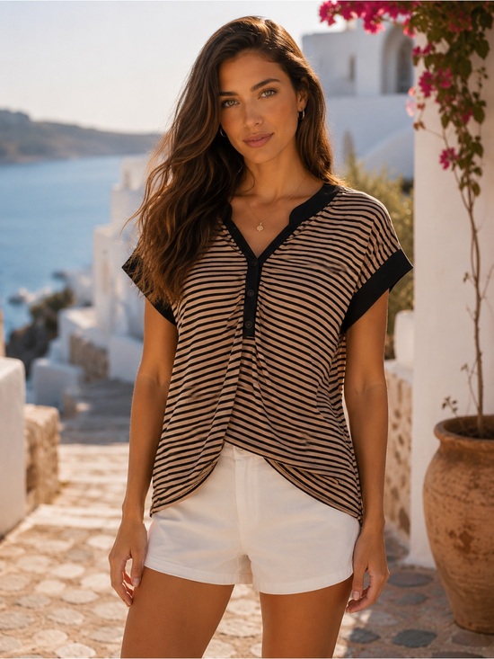 Diana Belle Tops - Striped V-Neck Short Sleeve Blouse in Tan and Black